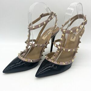 Valentino Rockstud Black Patent Leather Stilettos with Nude Straps, 39.5